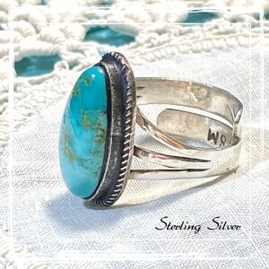 Signed SM-Native American Navajo Domed Royston Turquoise Sterling Silver Ring